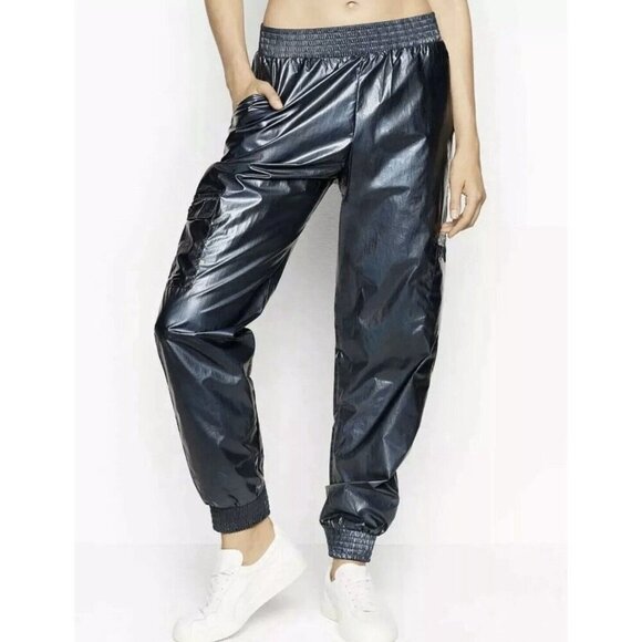 Victorias Secret Sport Cargo Jogger Pant Iridescent Gray Blue‎ Foil Metallic L - Picture 1 of 14